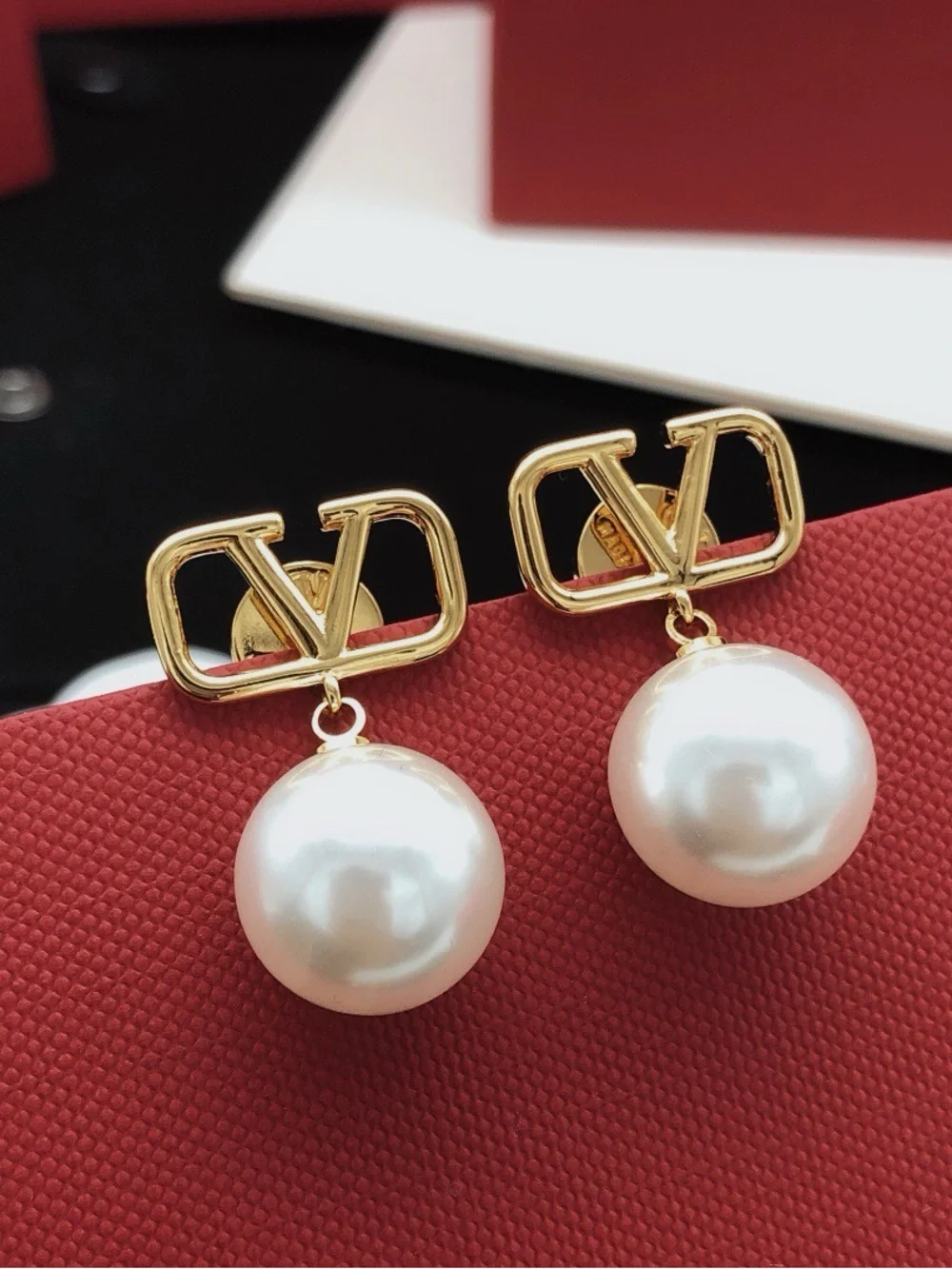 Valentino gold-tone V-logo drop earrings with ivory pearls